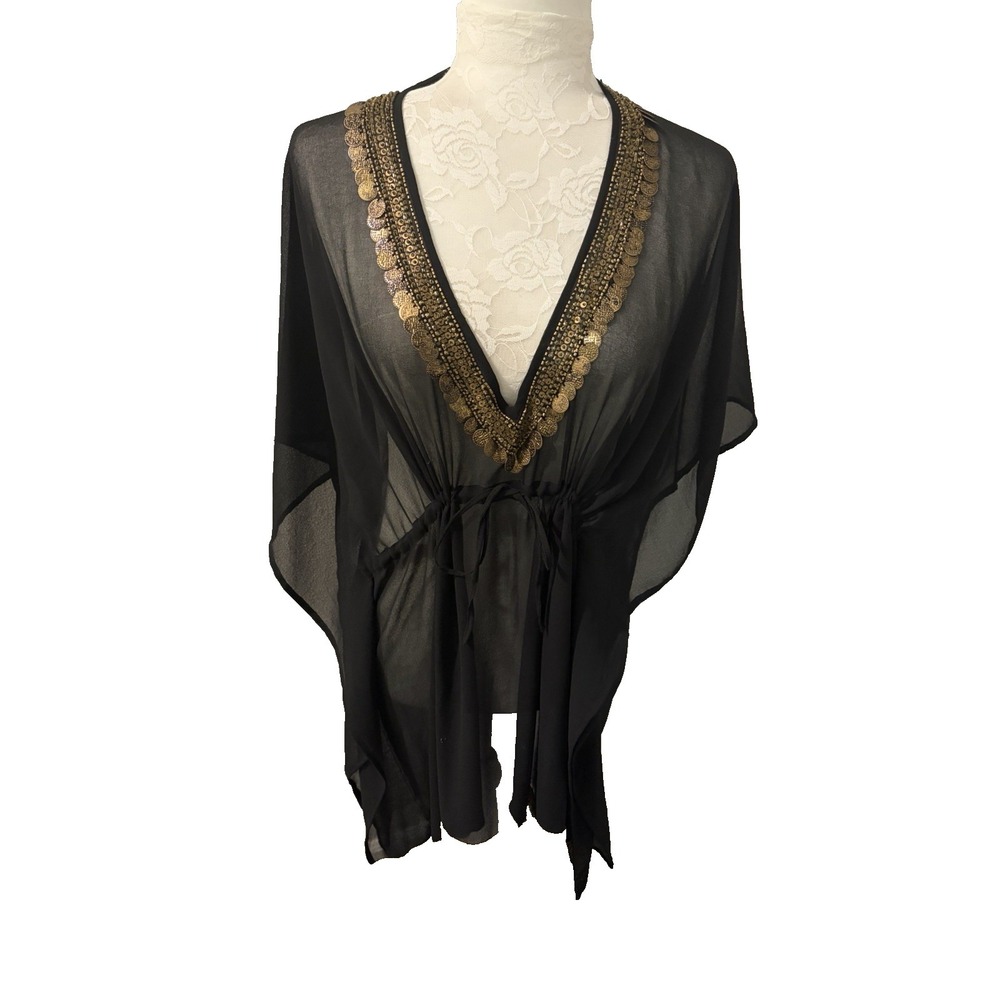 SOAKED Black Chiffon Swim Beach Cover up~ Mini Gold Beaded Coins Deep V Goddess